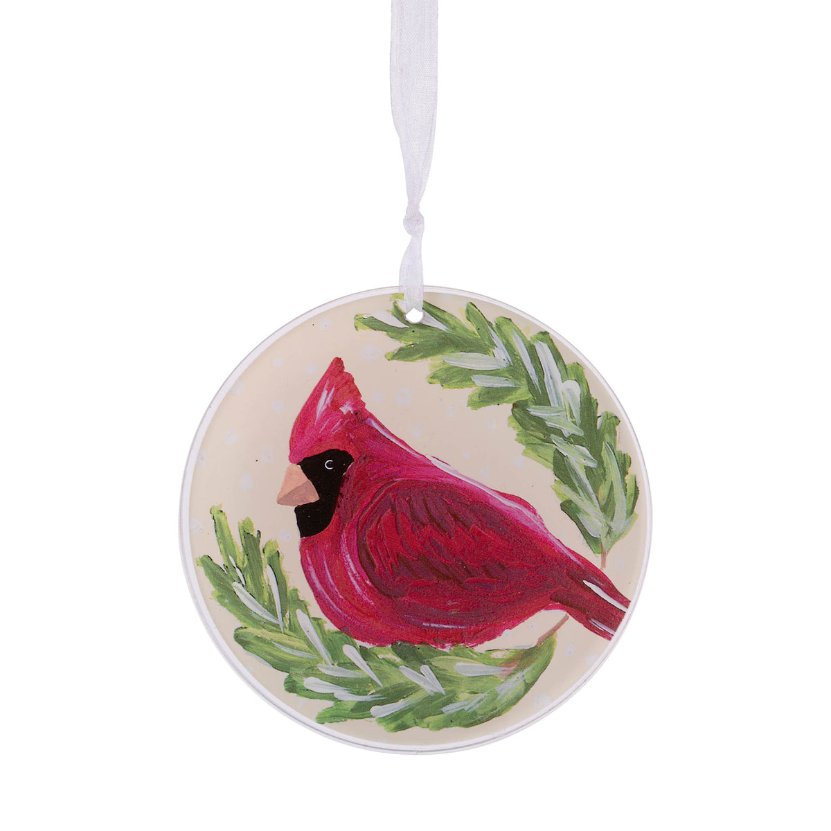 Round ceramic ornament with a red cardinal bird design on a white background