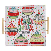 Decorative tray with Christmas ornaments and text on a white background