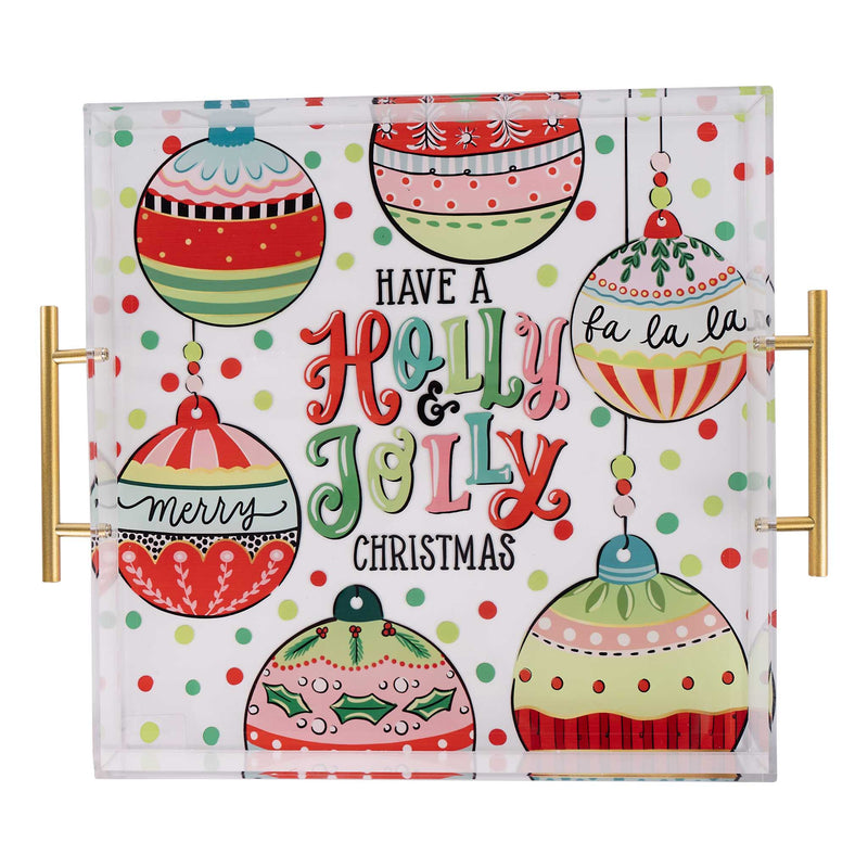 Decorative tray with Christmas ornaments and text on a white background