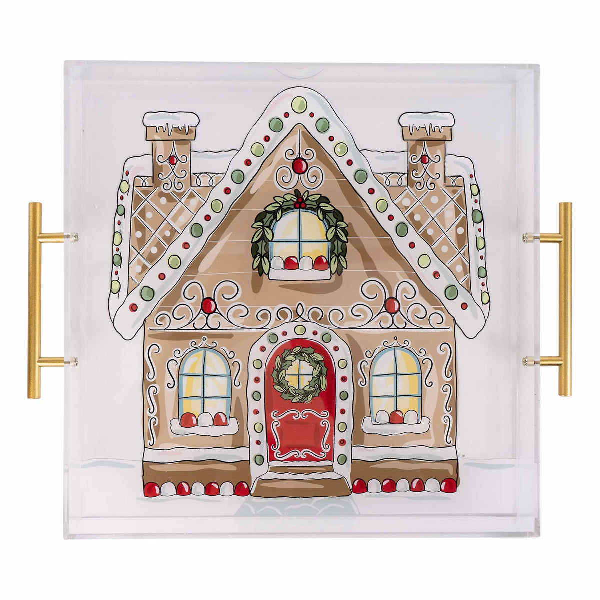 Decorative acrylic tray with a gingerbread house design on a white background