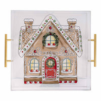 Decorative acrylic tray with a gingerbread house design on a white background