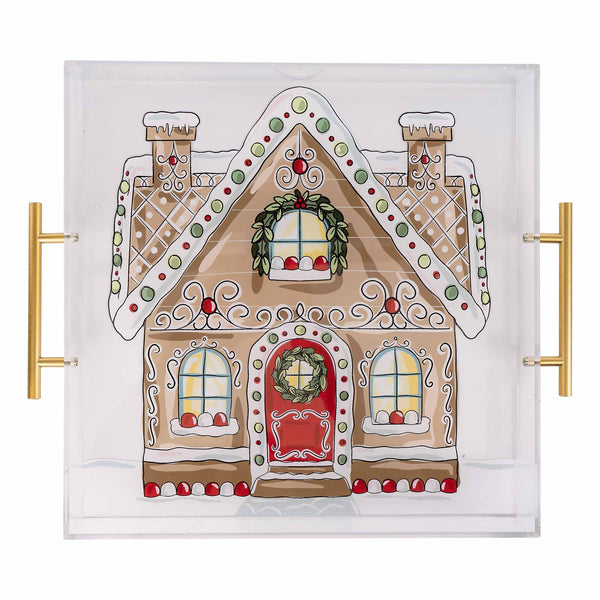 Decorative acrylic tray with a gingerbread house design on a white background