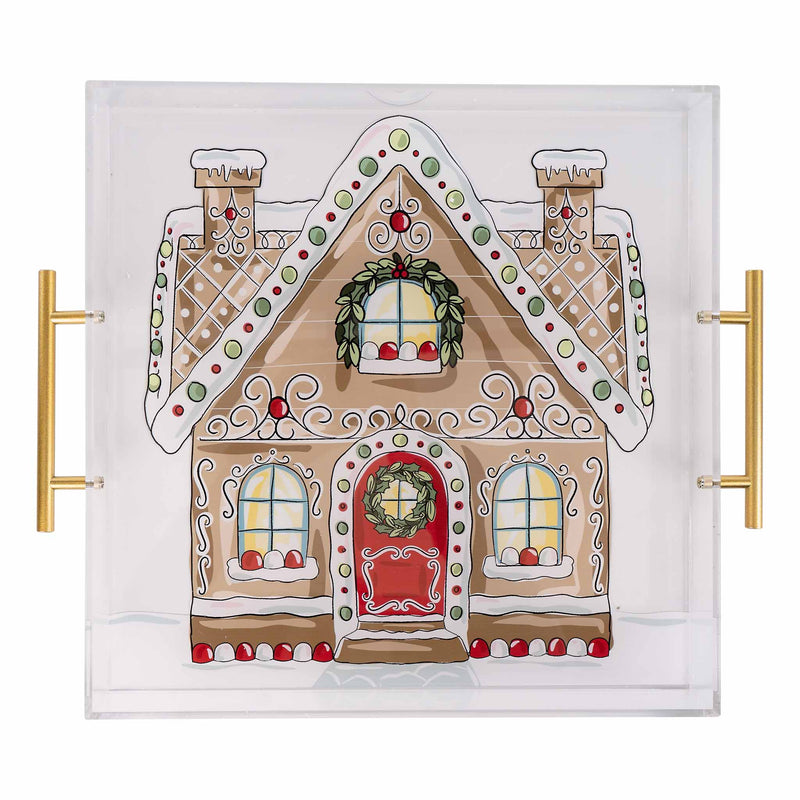 Decorative acrylic tray with a gingerbread house design on a white background