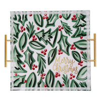 Decorative tray with holly leaf pattern and 'Merry Christmas' text on a white background