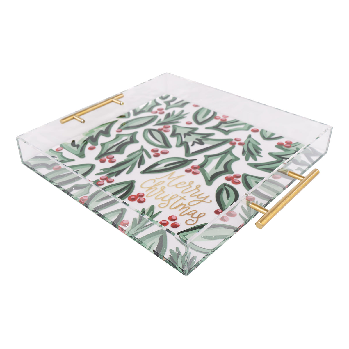 Decorative tray with holly design and 'Merry Christmas' text on a white background
