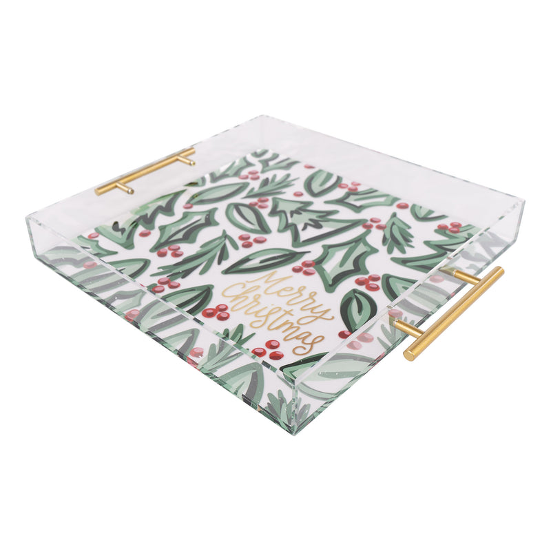 Decorative tray with holly design and 'Merry Christmas' text on a white background