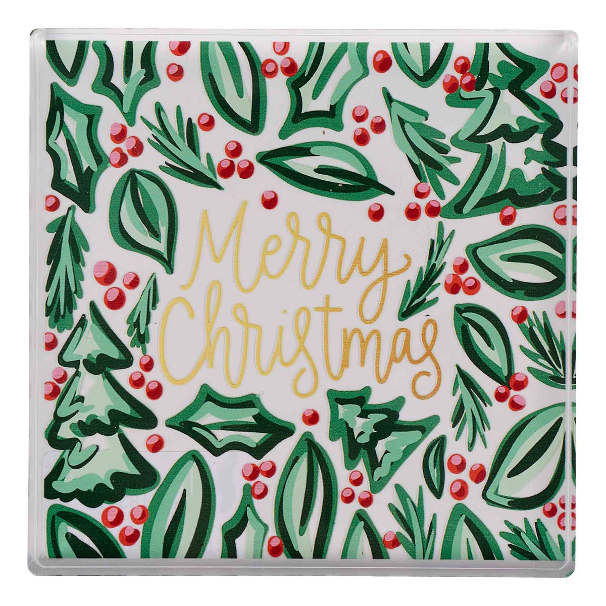 Christmas-themed napkin weight with holly leaves, berries, and 'Merry Christmas' text.