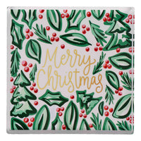 Christmas-themed napkin weight with holly leaves, berries, and 'Merry Christmas' text.