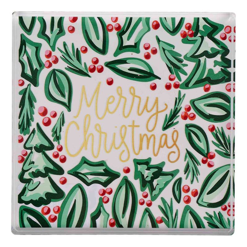 Christmas-themed napkin weight with holly leaves, berries, and 'Merry Christmas' text.