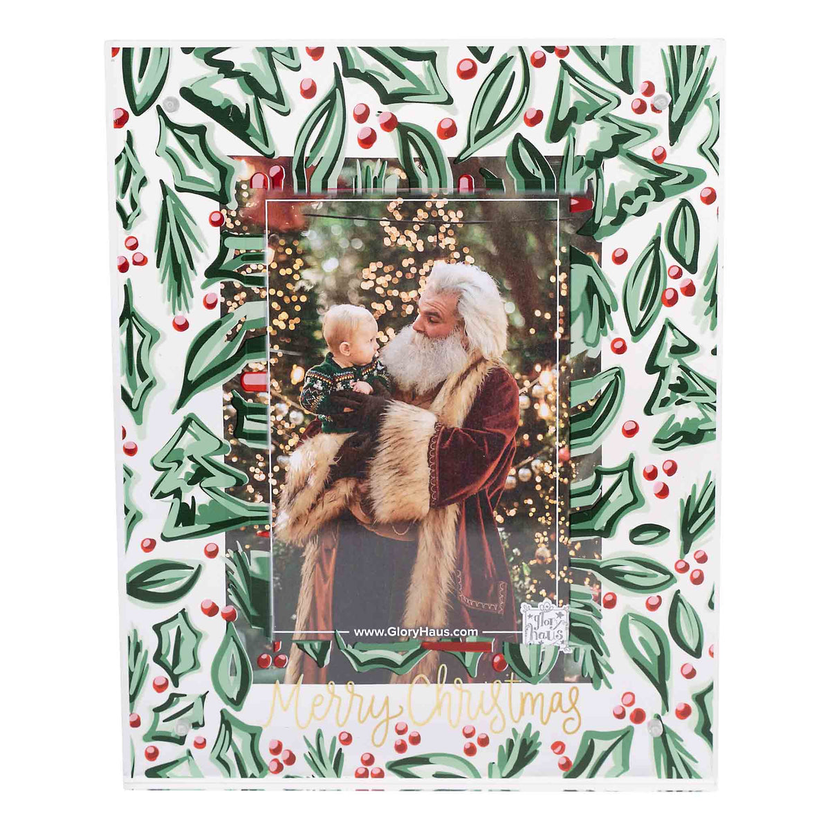 Decorative Christmas photo frame with holly design and a printed photo of Santa Claus.