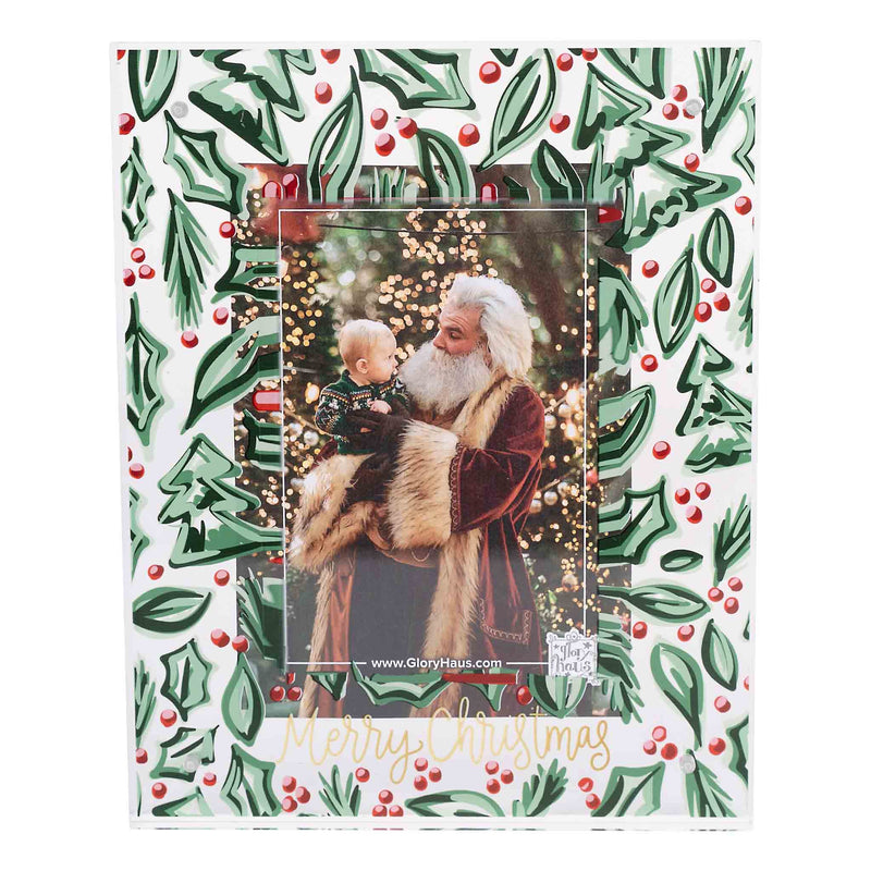 Decorative Christmas photo frame with holly design and a printed photo of Santa Claus.