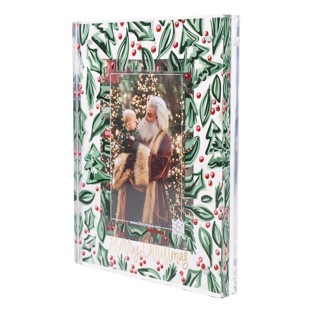 Decorative photo frame with holly design featuring a photo of a man and child.