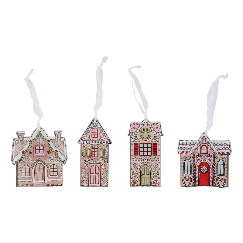 Four decorative house ornaments with colorful designs on a white background