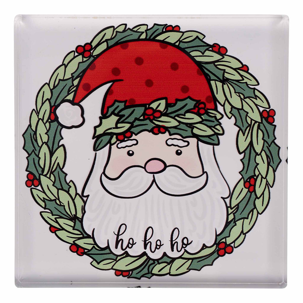 Cartoon Santa Claus napkin weight with a wreath and red hat on a white background