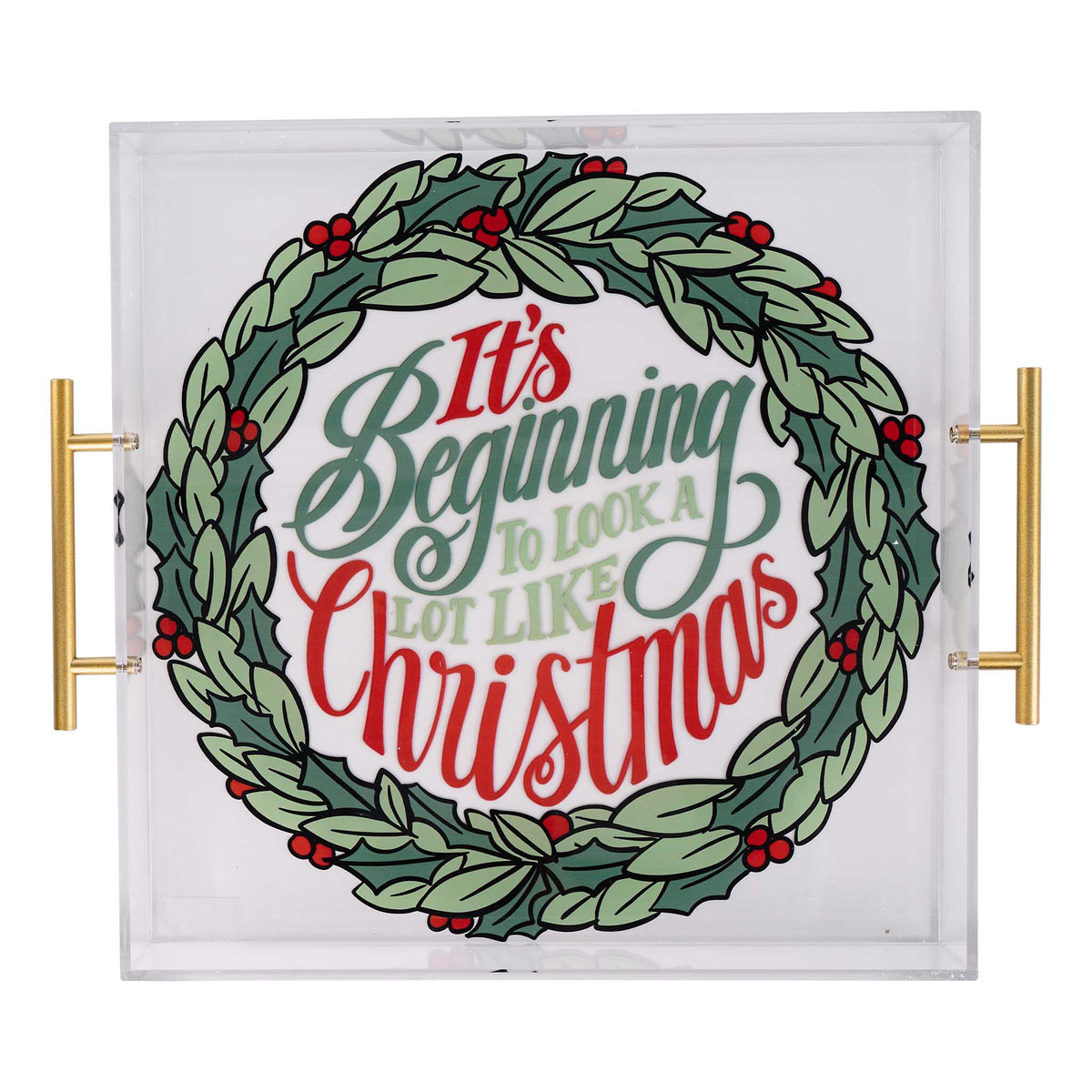 Decorative tray with Christmas wreath and text 'It's Beginning To Look A Lot Like Christmas' on a white background.