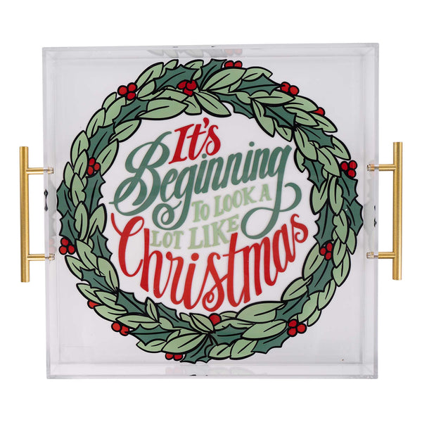 Decorative tray with Christmas wreath and text 'It's Beginning To Look A Lot Like Christmas' on a white background.