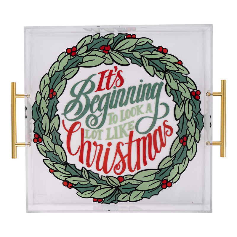 Decorative tray with Christmas wreath and text 'It's Beginning To Look A Lot Like Christmas' on a white background.