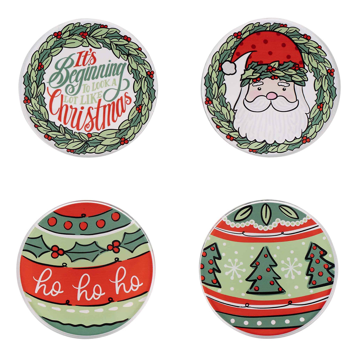 Set of four Christmas-themed coasters with decorative patterns and text.