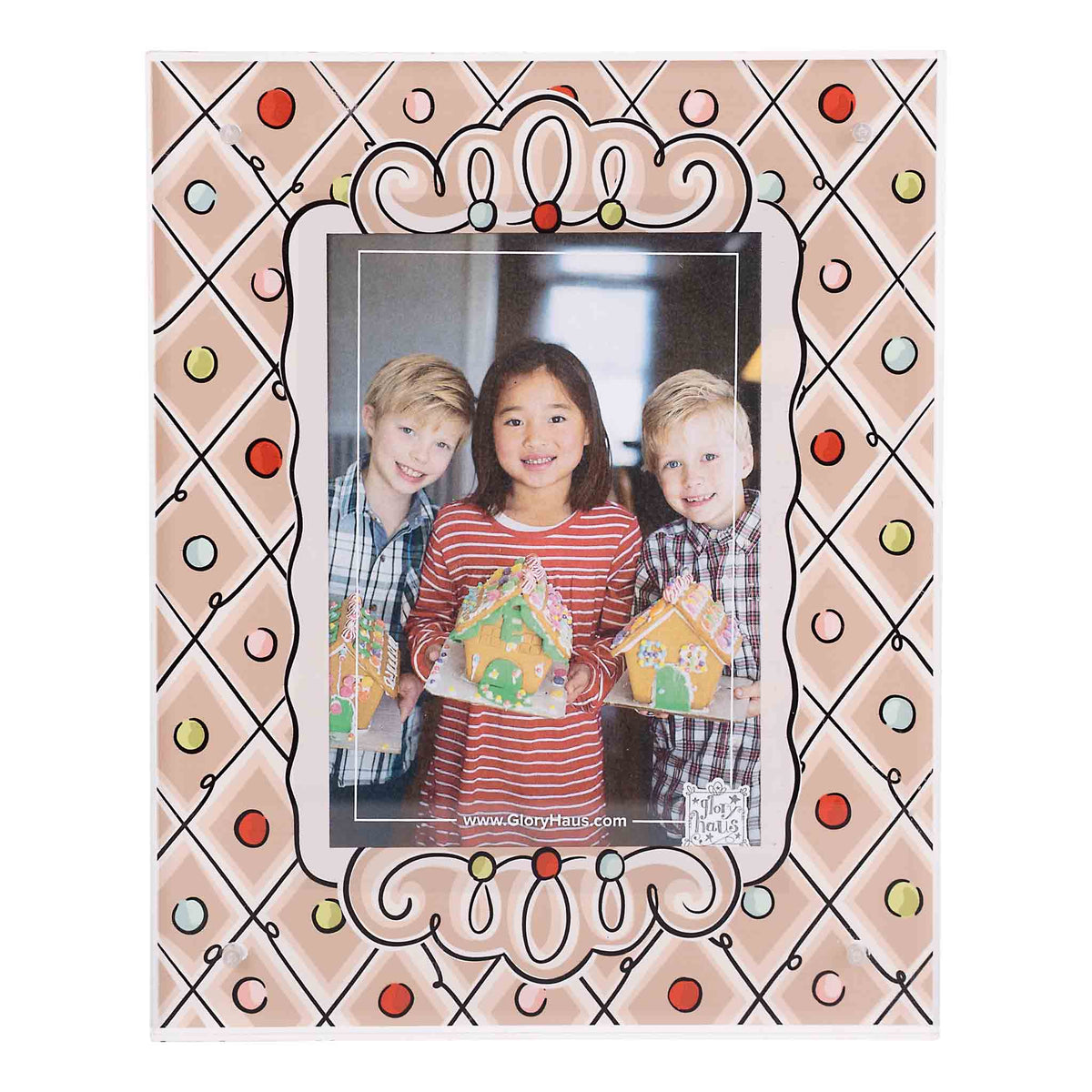Decorative photo frame with a family holding gingerbread houses inside