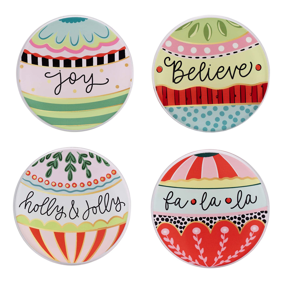 Four colorful coasters with festive designs and text on a white background