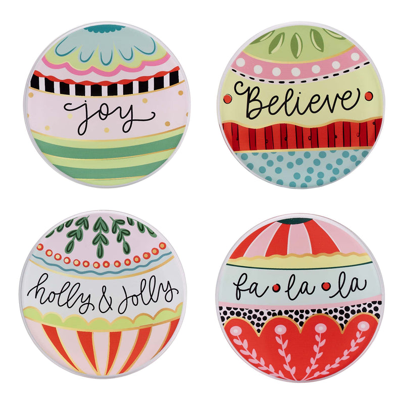 Four colorful coasters with festive designs and text on a white background