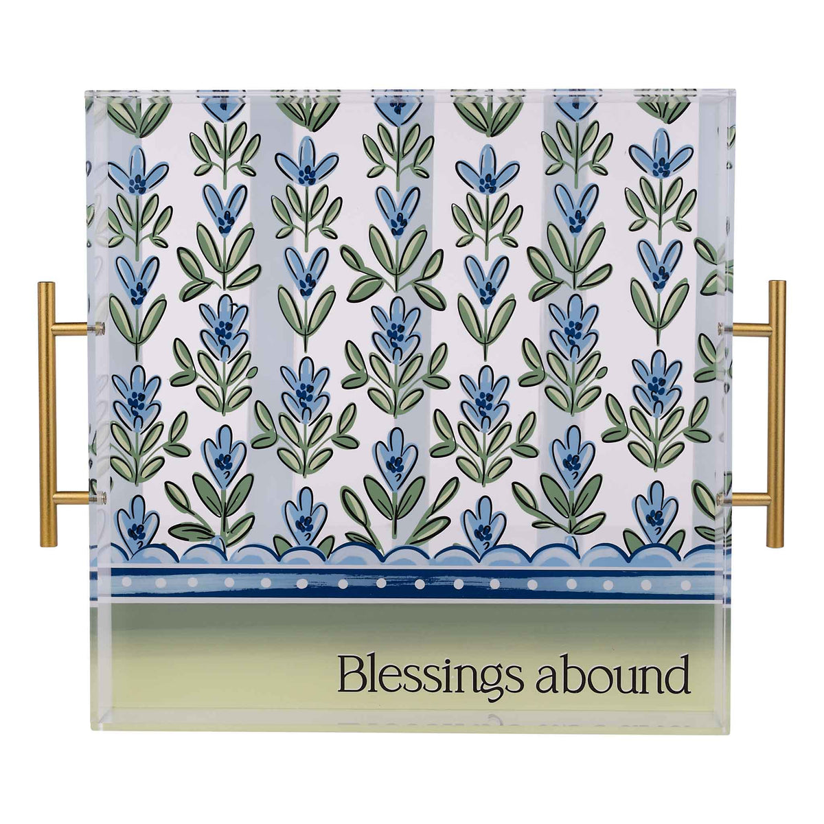 Decorative tray with floral pattern and 'Blessings abound' text on a white background