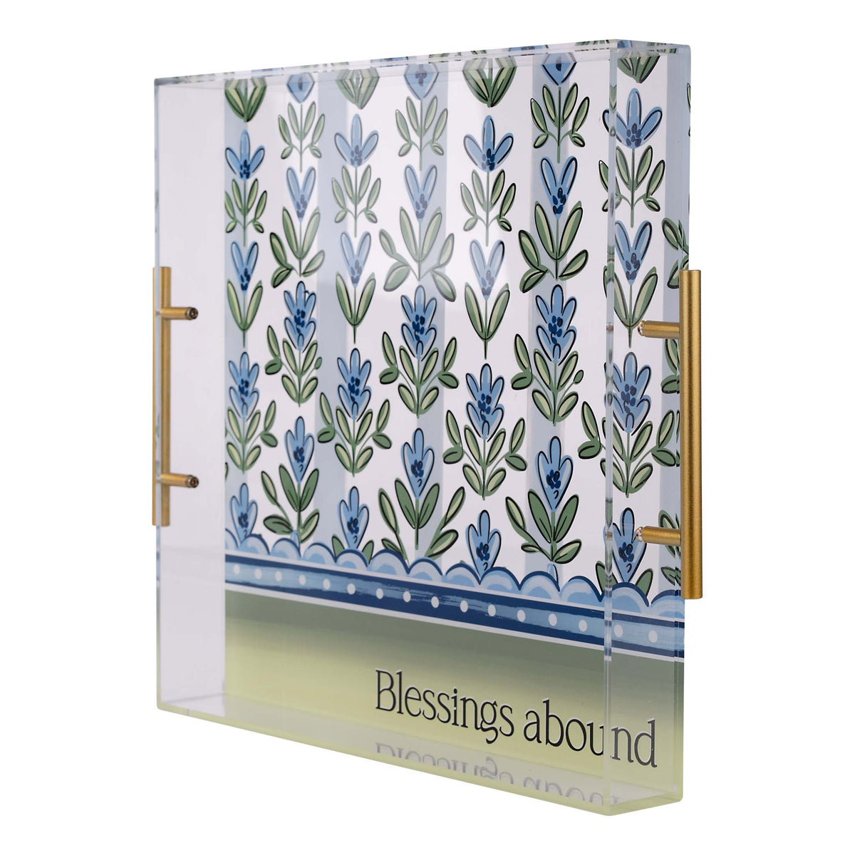 Decorative tray with floral pattern and 'Blessings about' text on a white background