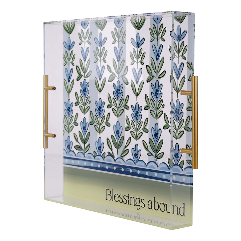 Decorative tray with floral pattern and 'Blessings about' text on a white background