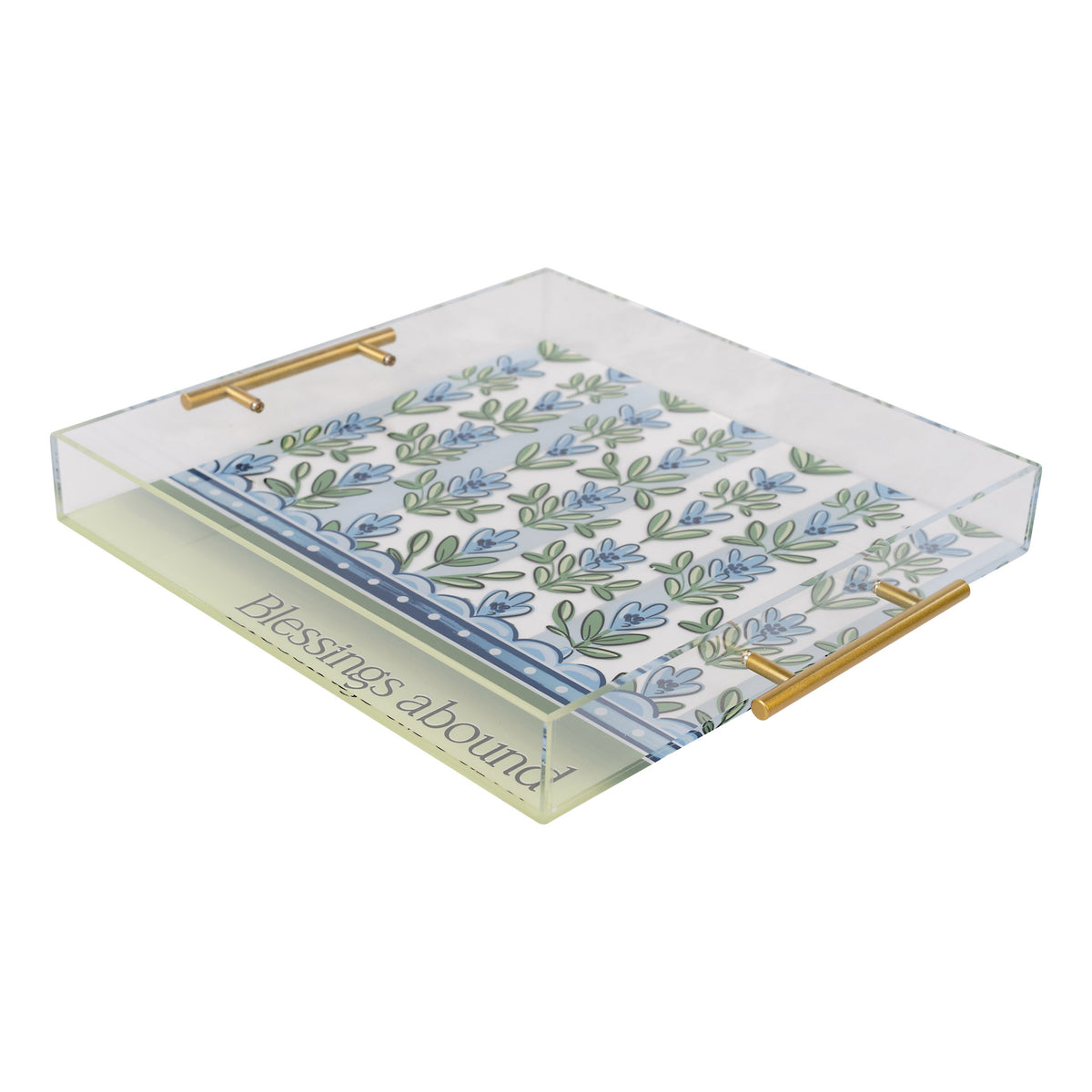 Decorative tray with floral design and 'Blessings abound' text on a white background