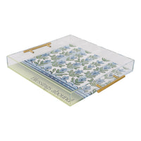 Decorative tray with floral design and 'Blessings abound' text on a white background