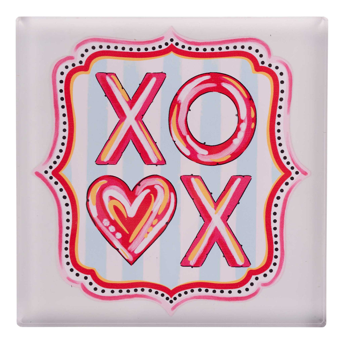 Decorative square napkin weight with 'XO' and heart design on a light blue background