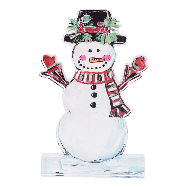 Acrylic snowman figurine with a colorful hat and scarf on a white background