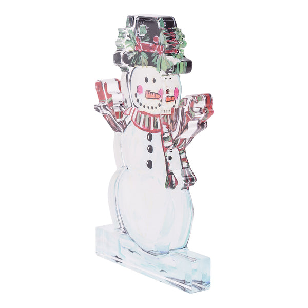 Acrylic snowman figurine with a colorful hat and scarf on a white background