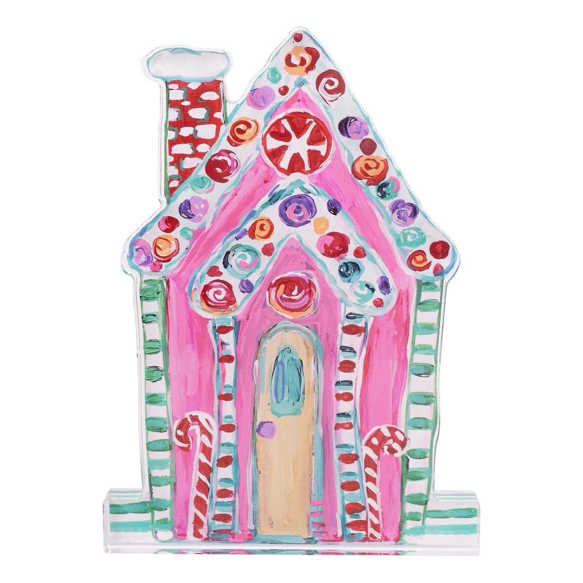 Colorful gingerbread house-shaped acrylic stand on a white background