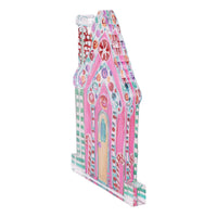Colorful gingerbread house-shaped acrylic stand on a white background