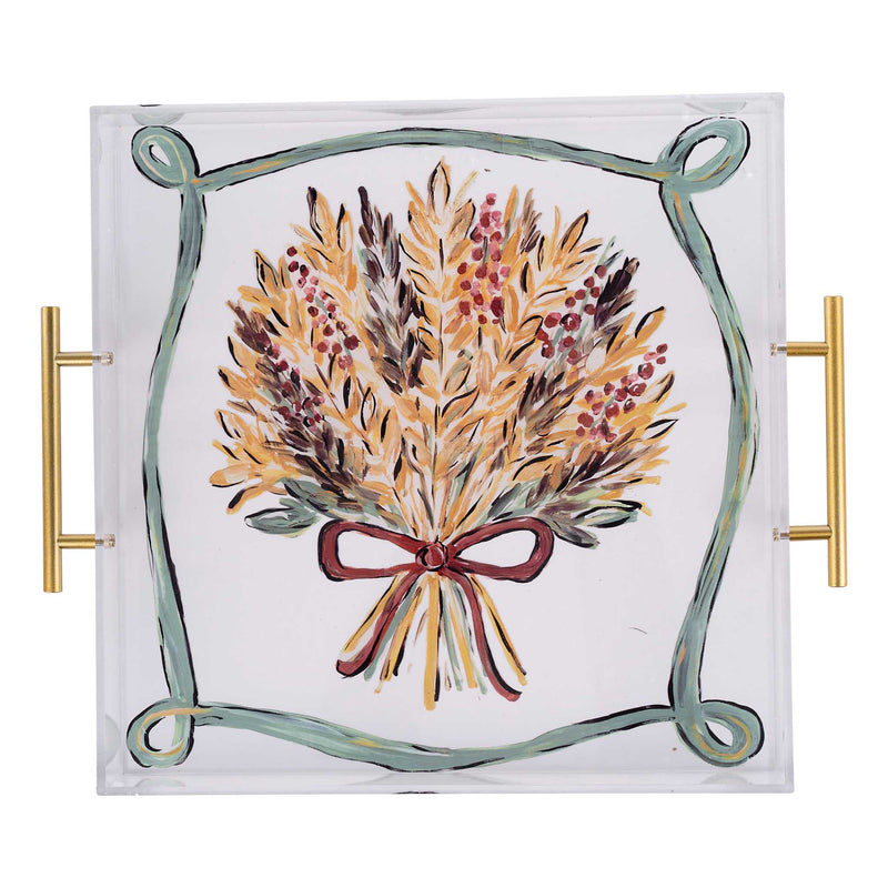 Decorative tray with a floral design and gold handles on a white background
