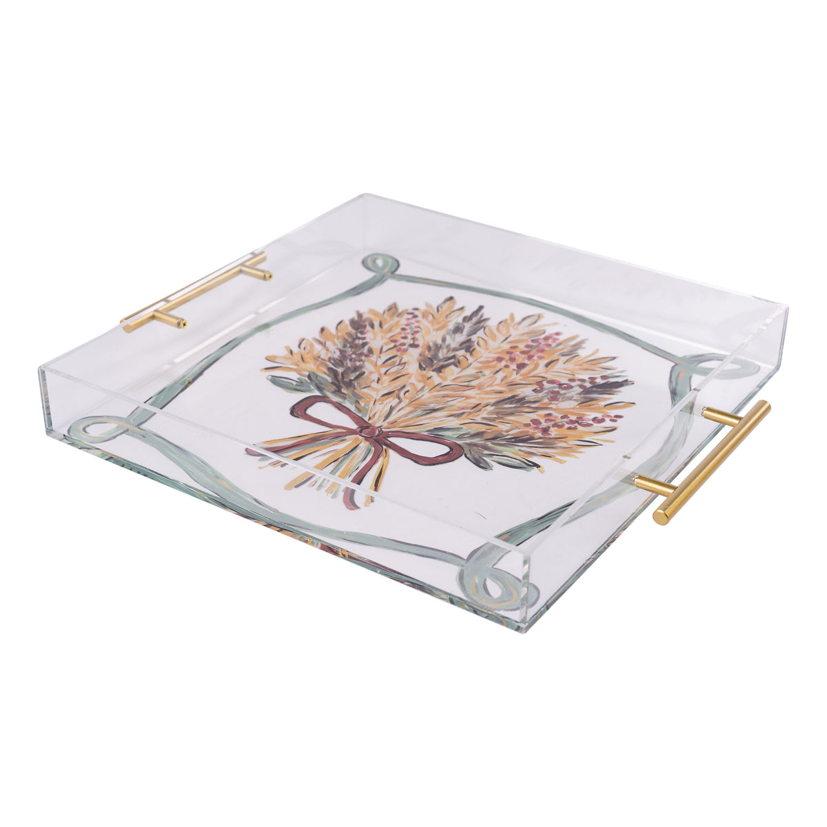 Decorative tray with floral design and gold handles on a white background