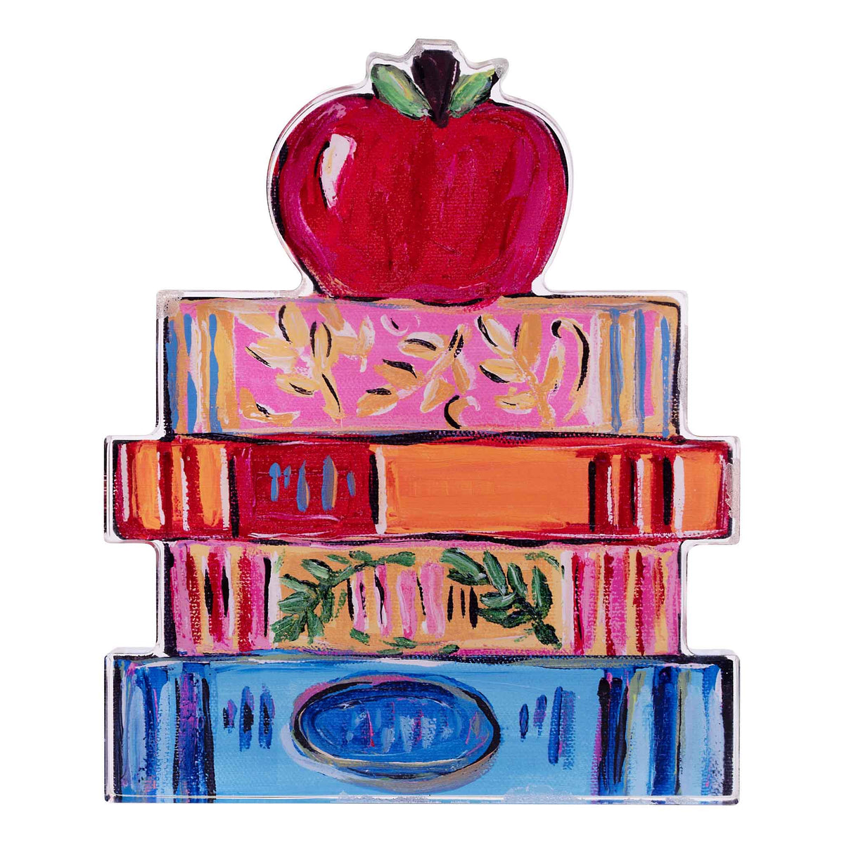 Colorful stack of books with an apple on top against a white background
