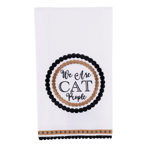 A white cotton tea towel with a circular text design that reads 'We Are CAT People' surrounded by a pattern of cat silhouettes in black and beige tones.