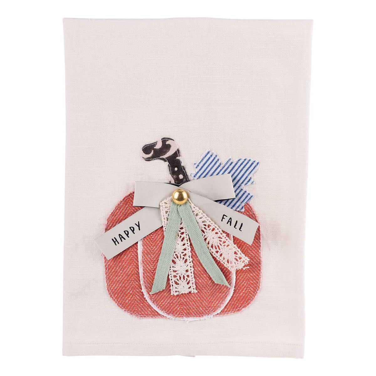 Decorative pumpkin with a bow and 'Happy Fall' sign on a white background