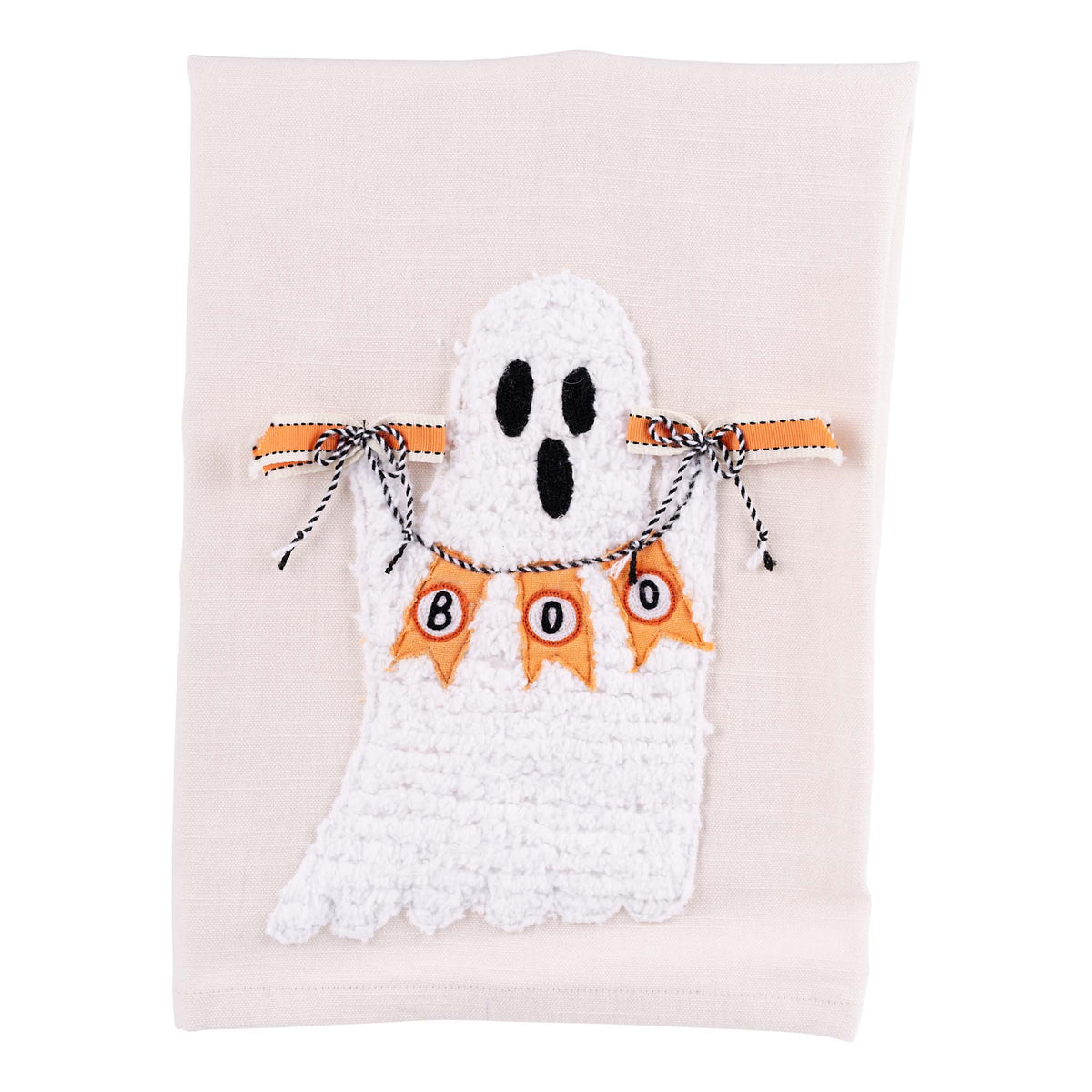 Decorative ghost with 'BOO' banner on a light pink background