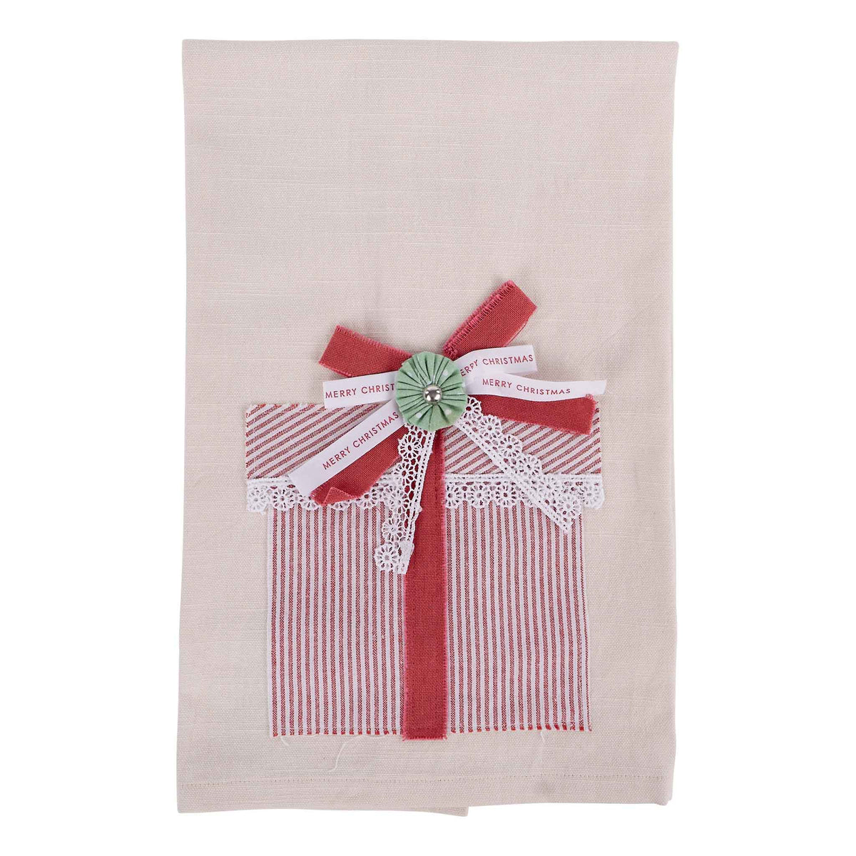 Decorative towel with a red and white striped bow and 'Merry Christmas' tag on a beige background