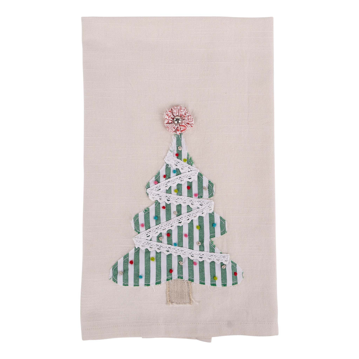 Decorative towel with a Christmas tree design on a beige background