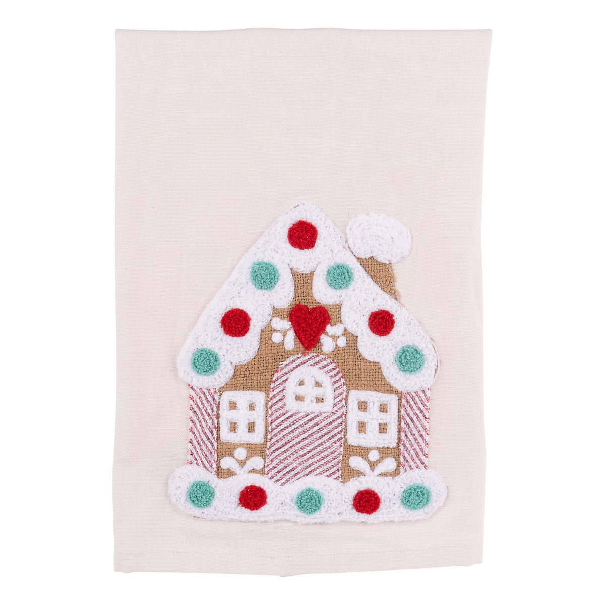 Decorative towel with a gingerbread house design on a beige background