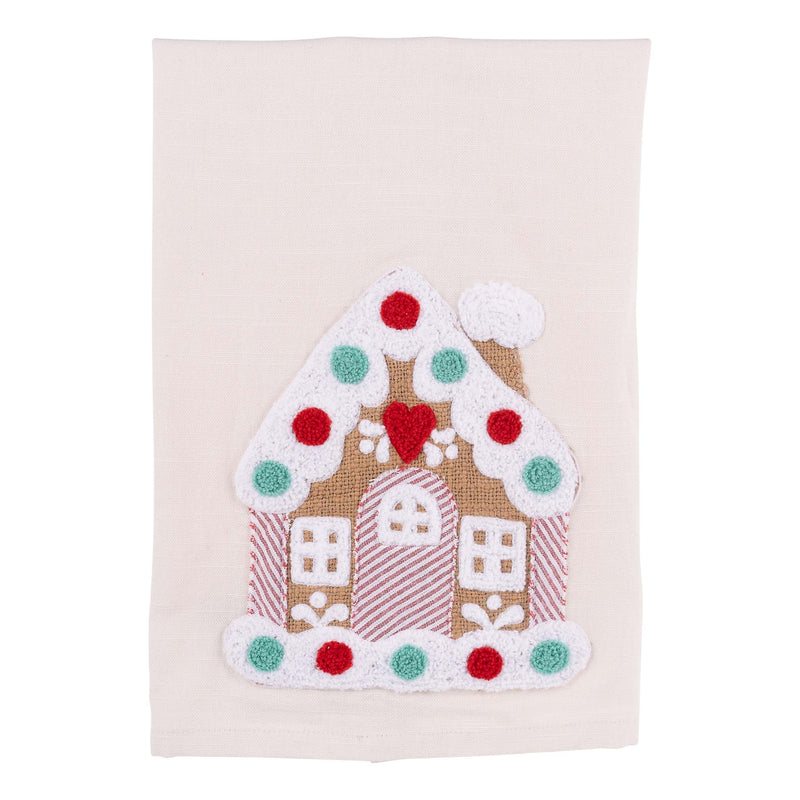 Decorative towel with a gingerbread house design on a beige background