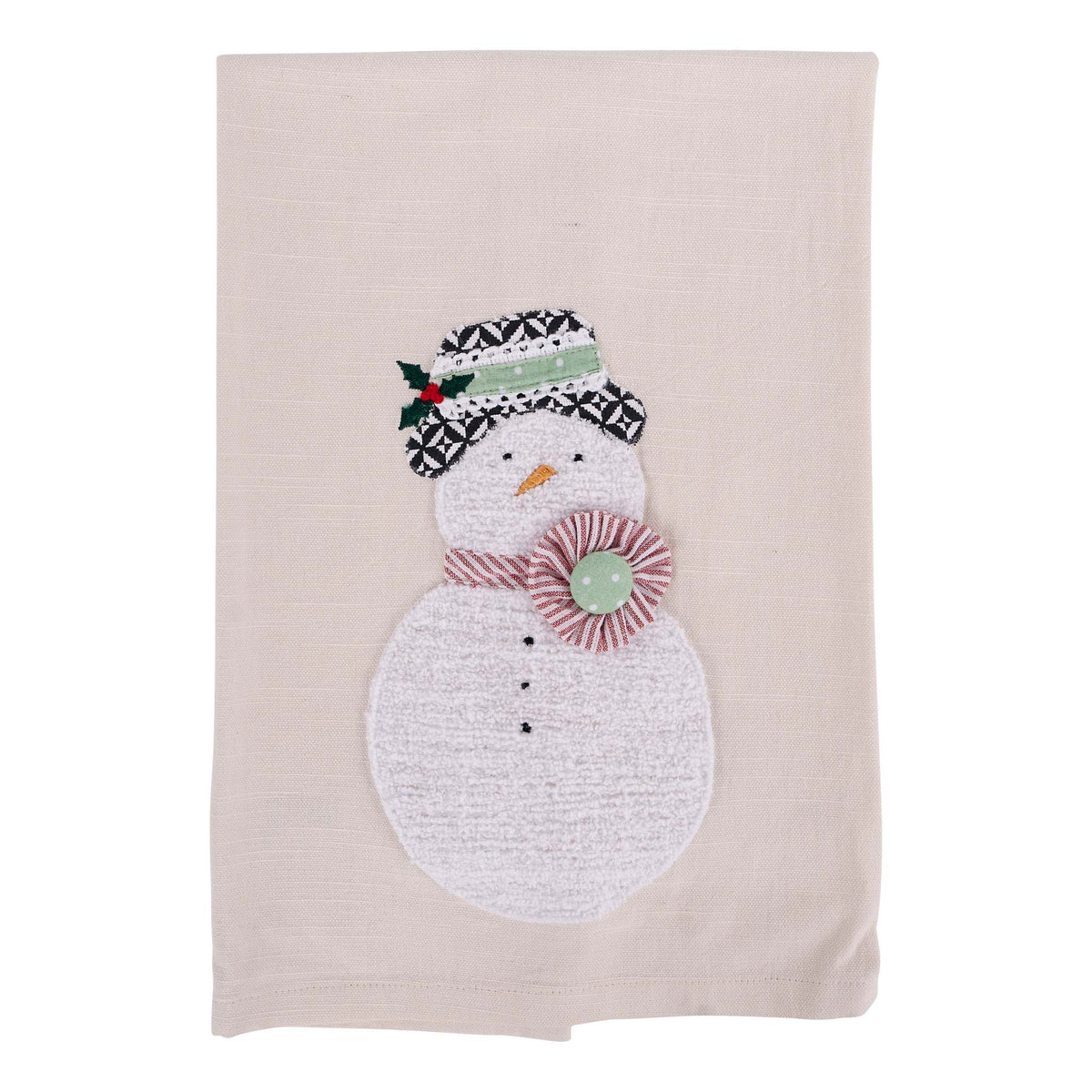 Decorative towel with a snowman design on a beige background