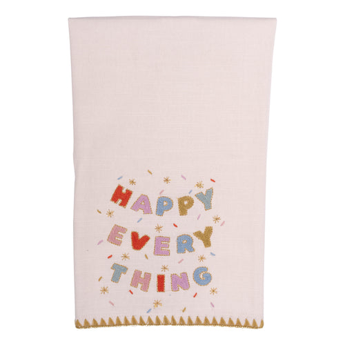 Tea towel with 'Happy Everything' text on a white background