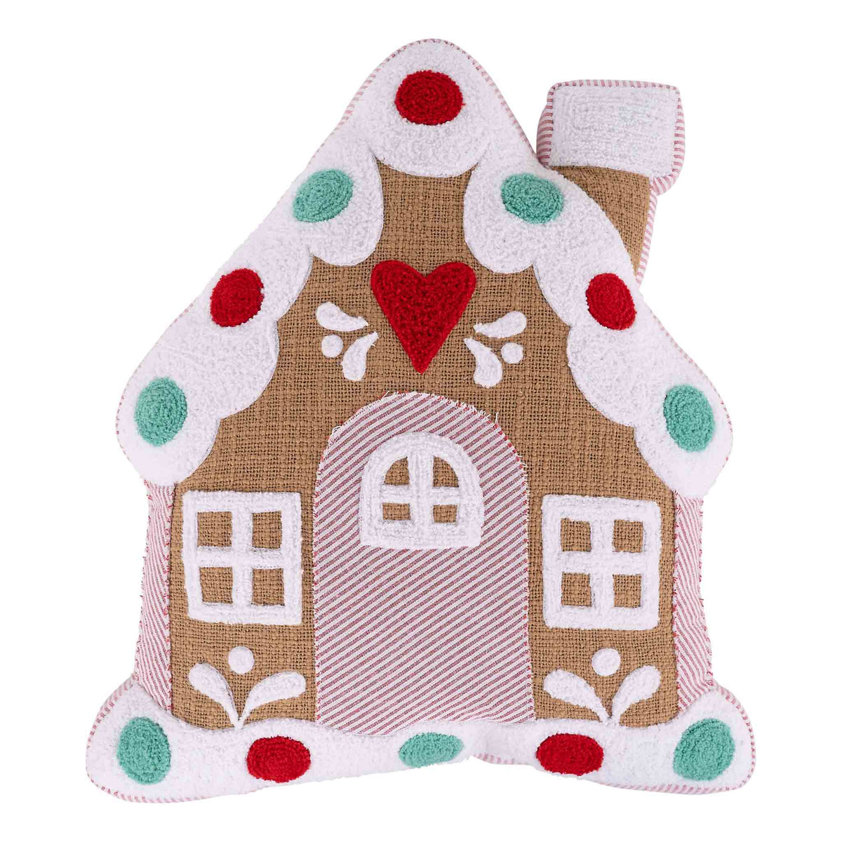 Decorative gingerbread house pillow with a heart on a white background