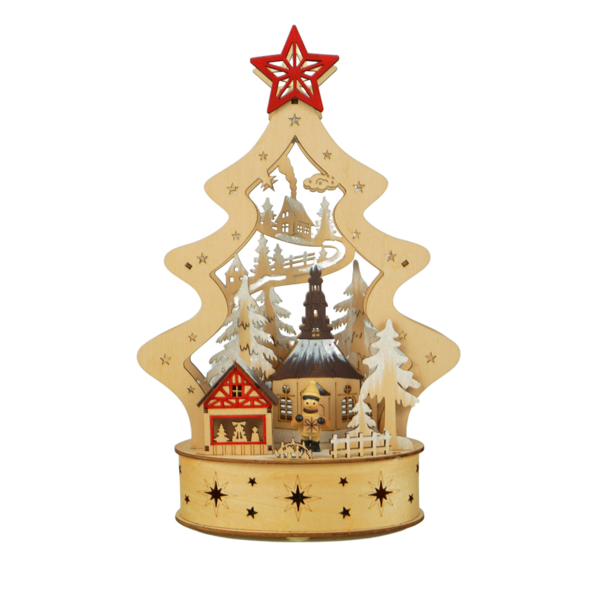 Natural Christmas Tree Red Star Wooden Lighted Scene
