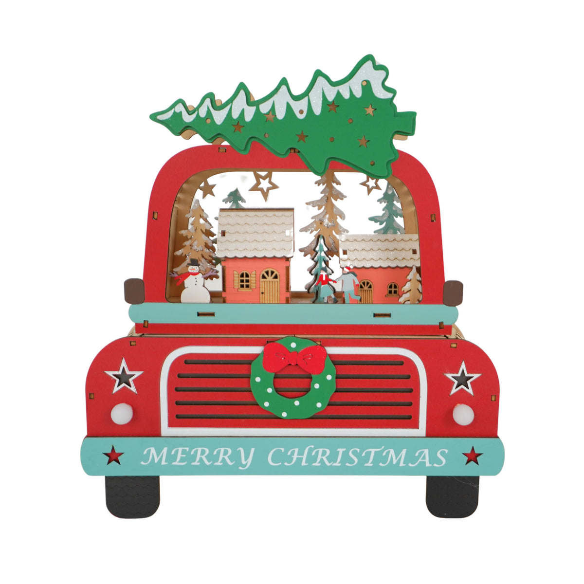 Red Truck Lighted Wooden Christmas Scene